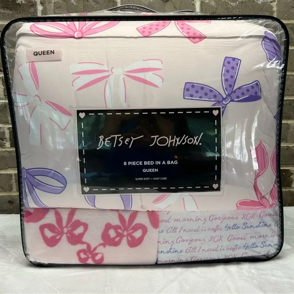 Betsey Johnson Comforter 8 Piece Set Sheets Throw Queen Pink Bows & Ribbons NEW